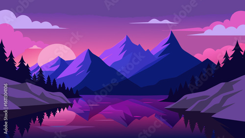 Majestic mountain landscape at sunrise or sunset, featuring a vibrant sky, a serene valley, and peaks dusted with snow or shrouded in a mystical fog