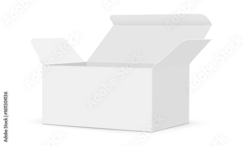 Perspective view of open white cardboard box mockup. Ideal for branding, packaging design, shipping concept, and e-commerce product presentation