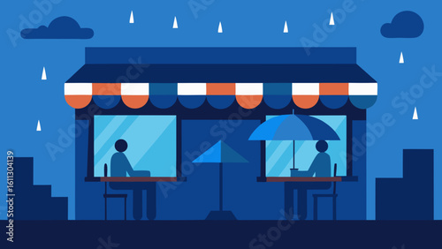 Night cafe in the city with a shop window facade vector illustration