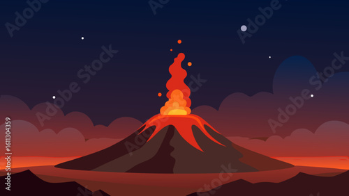 Majestic volcanic eruption with fiery lava flowing down a rugged mountain landscape under a dramatic sky at sunset