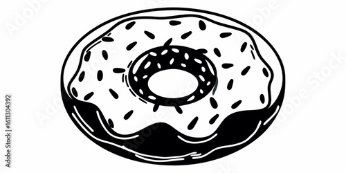 Illustration of a donut with frosting and sprinkles in black and white color scheme drawing style