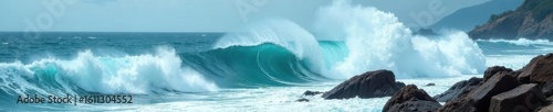 Massive, churning ocean waves crash against rocky shore , sea surface, marine