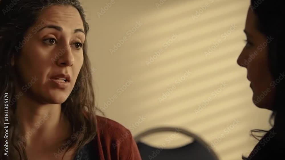 Concerned woman sharing her problems and seeking support during an earnest conversation with a friend or therapist.