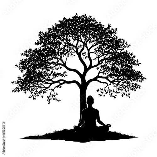 Vector of a person meditating under a tree — peaceful and spiritual silhouette illustration