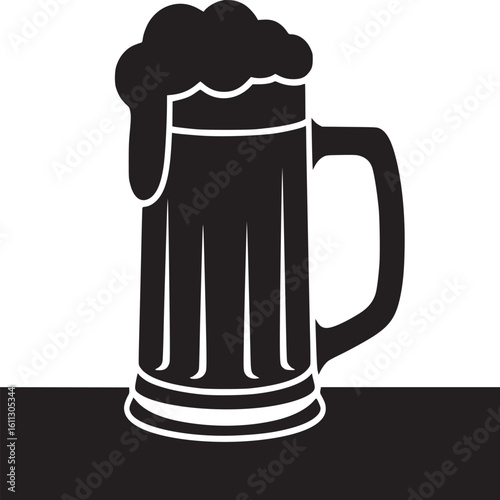 Black and white graphic illustration of a beer mug with overflowing foam on a divided background
