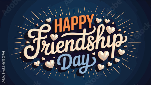 Colorful “HAPPY Friendship Day” text on dark blue background with radiant hearts and celebration rays, perfect for honoring meaningful bonds