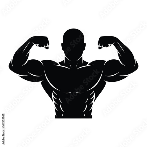 Silhouette of a muscular bodybuilder flexing biceps and chest muscles