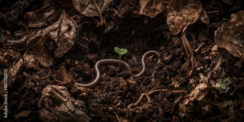 A millipede crawling near a small green sprout surrounded by decaying leaves and dark rich soil ground