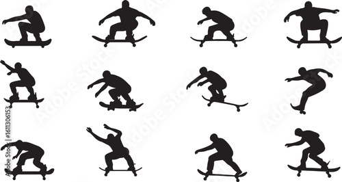 Skateboarder Silhouettes: Skateboarding Tricks, Action Sport Vector Graphics