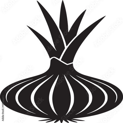 A black and white illustration of an onion with long green stalks extending upwards on a white background