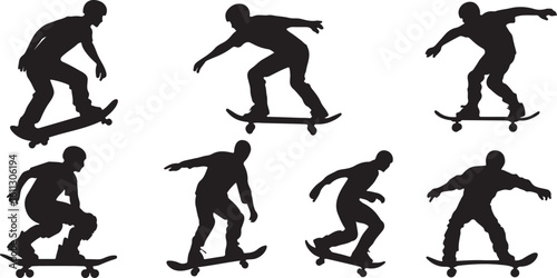 Skateboarder Silhouette Set Skateboarding Sport Action Vector Art