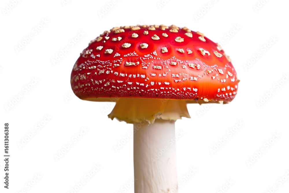 Obraz premium Vibrant Red Mushroom with White Spots Isolated on Black Background