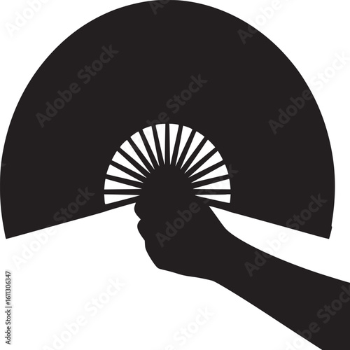 Silhouette of a hand holding a fan with radial pattern against a white background in stark contrast