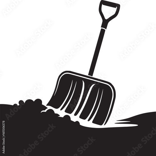 A black and white illustration of a shovel digging into a pile of dirt or snow in a simple style