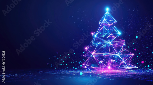 Futuristic Christmas tree with glowing geometric shapes and neon lights on a dark blue background. Concept for technology, celebration, and modern holiday design.