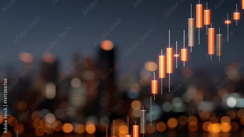 Candlestick chart overlayed on a blurred city skyline at night shows upward trend