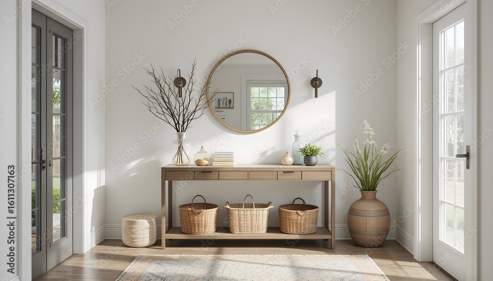 Obraz premium Elegant entryway with console table, mirror, and decor creating a welcoming vibe
