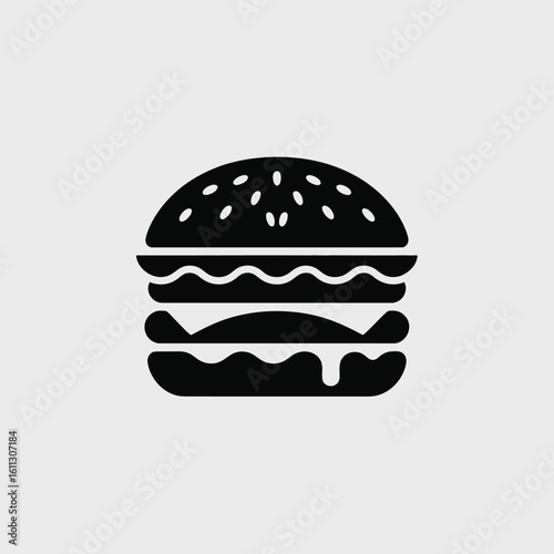 Simple black silhouette icon of a classic hamburger on a gray background