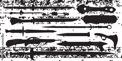 Grunge Silhouette of Swords, Knives, and Futuristic Weapons Art