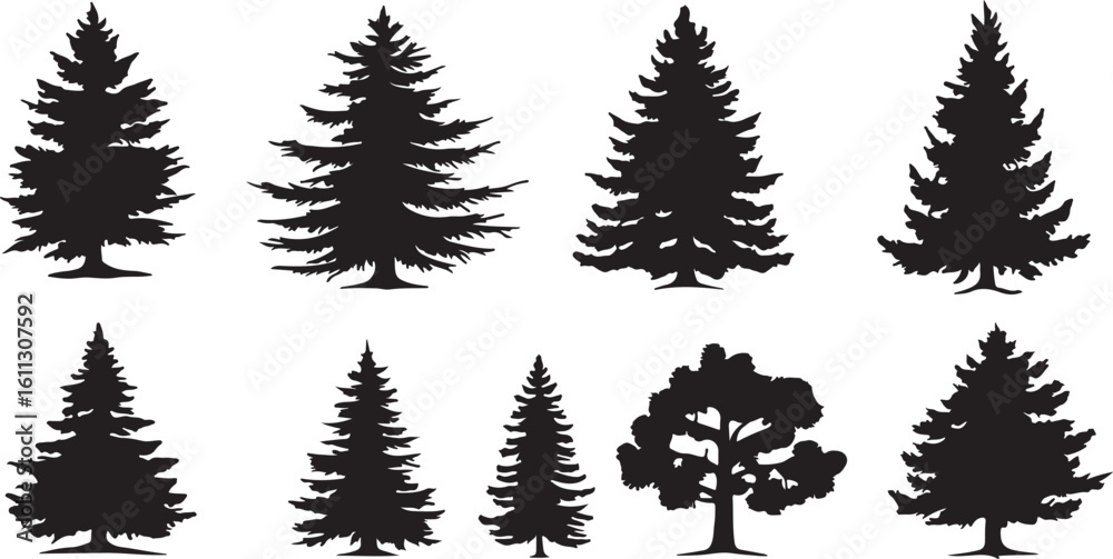 Obraz premium Silhouette Trees Vector: Evergreen, Pine, Oak Tree Silhouettes Art