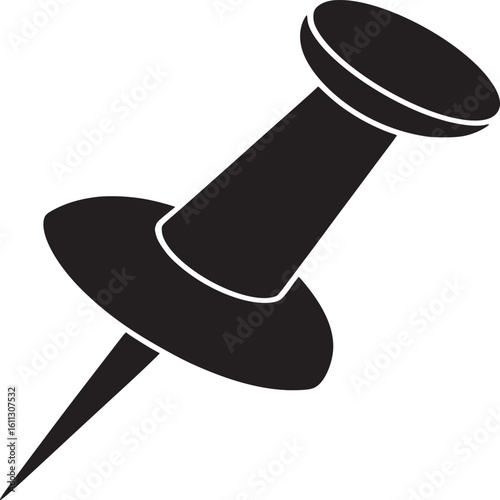 A black and white graphic illustration of a pushpin with a sharp point on a white background