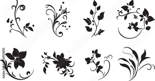Black Floral Vector Graphics: Elegant Swirls, Leaves, and Flower Designs