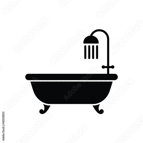 Simple black icon of a clawfoot bathtub with shower head