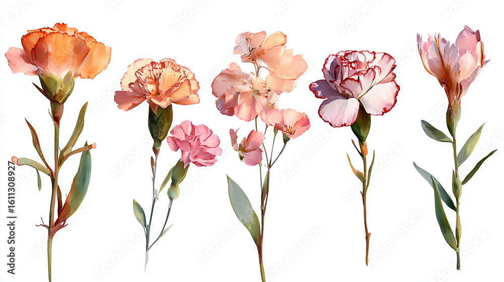 Fototapeta premium Watercolor painting of five carnation flowers in various shades of pink and orange