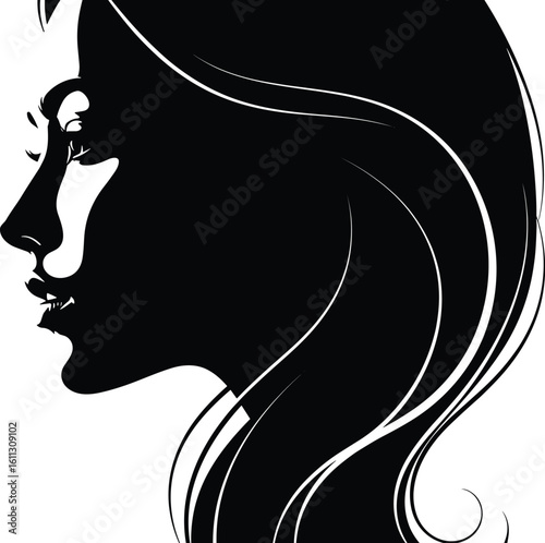 Elegant woman silhouette, flowing hair profile, feminine beauty illustration, high contrast vector art, stylish design, fashion, graphic, minimal concept