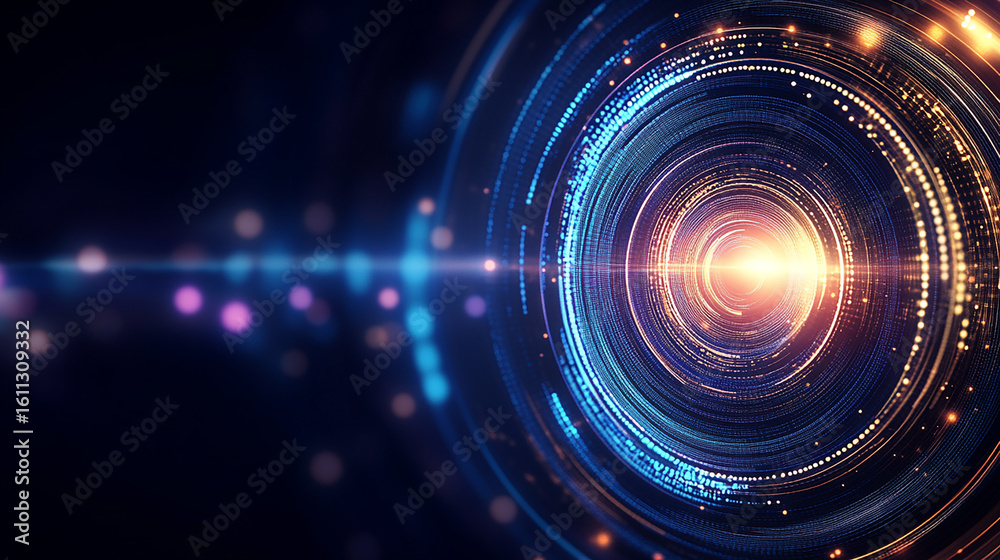 Obraz premium Digital Data Tunnel with Glowing Light and Technology Elements