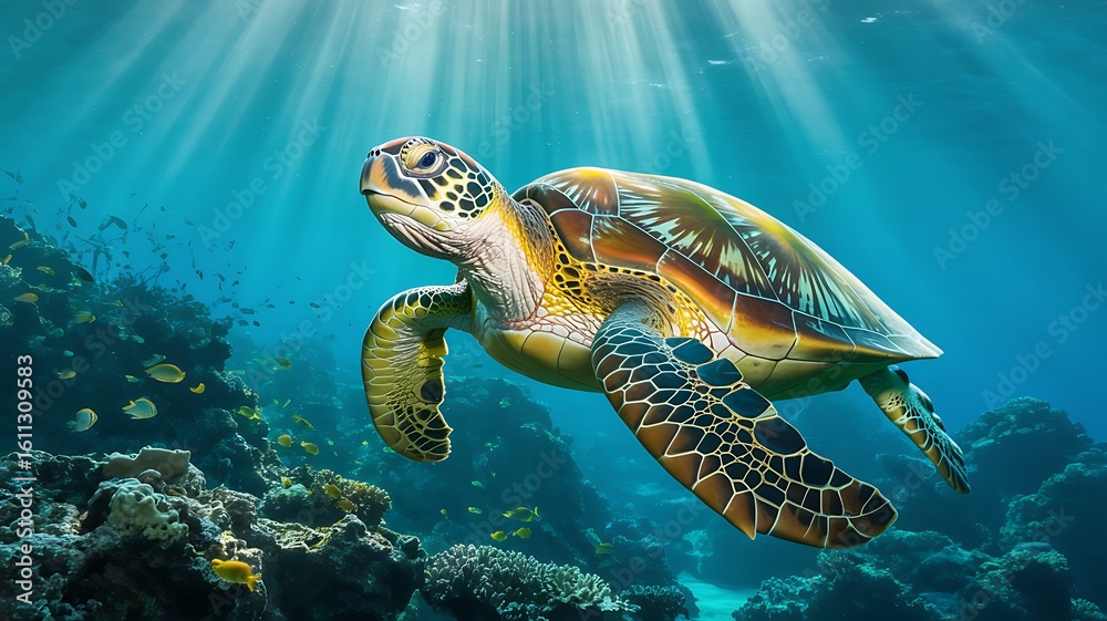 Obraz premium A green sea turtle swims gracefully through clear blue ocean water with sunlight rays filtering down onto a coral reef and small fish