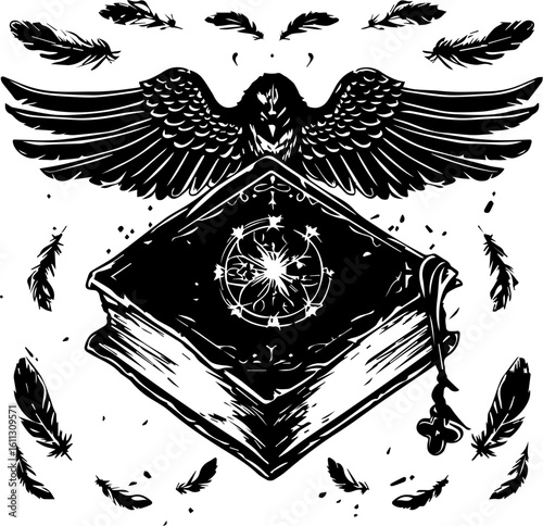 Magic Grimoire Vector Illustration in Black and White