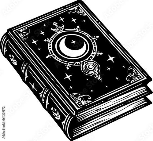 Magic Grimoire Vector Illustration in Black and White