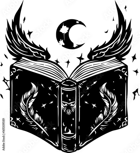 Magic Grimoire Vector Illustration in Black and White