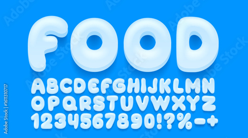 Food Milk font, English alphabet and numbers sign. Vector illustration