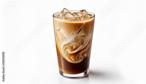 a glass of iced coffee with milk swirls and condensation isolated on plain white background for cafe branding