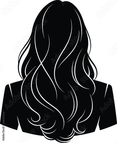 Silhouette of woman with long flowing hair, beauty and fashion illustration, back view hairstyle, black vector design, elegant hair art