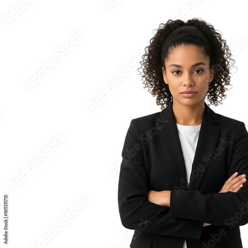 Confident woman in black blazer arms crossed isolated on transparent background