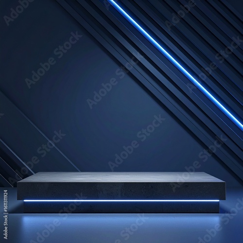 Muted Navy Blue Gradient Background with Diagonal Line Pattern and Dark Gray Concrete Podium