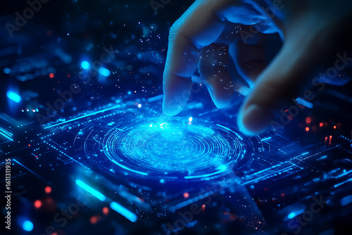Human finger interacting with futuristic glowing blue technology interface