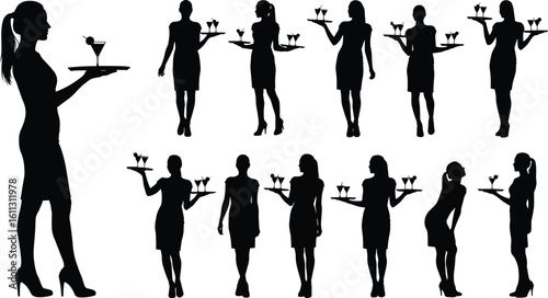 Silhouette waitress serving drinks, hospitality staff, elegant female figures, restaurant service, tray, cocktail glasses, black background, professional illustration
