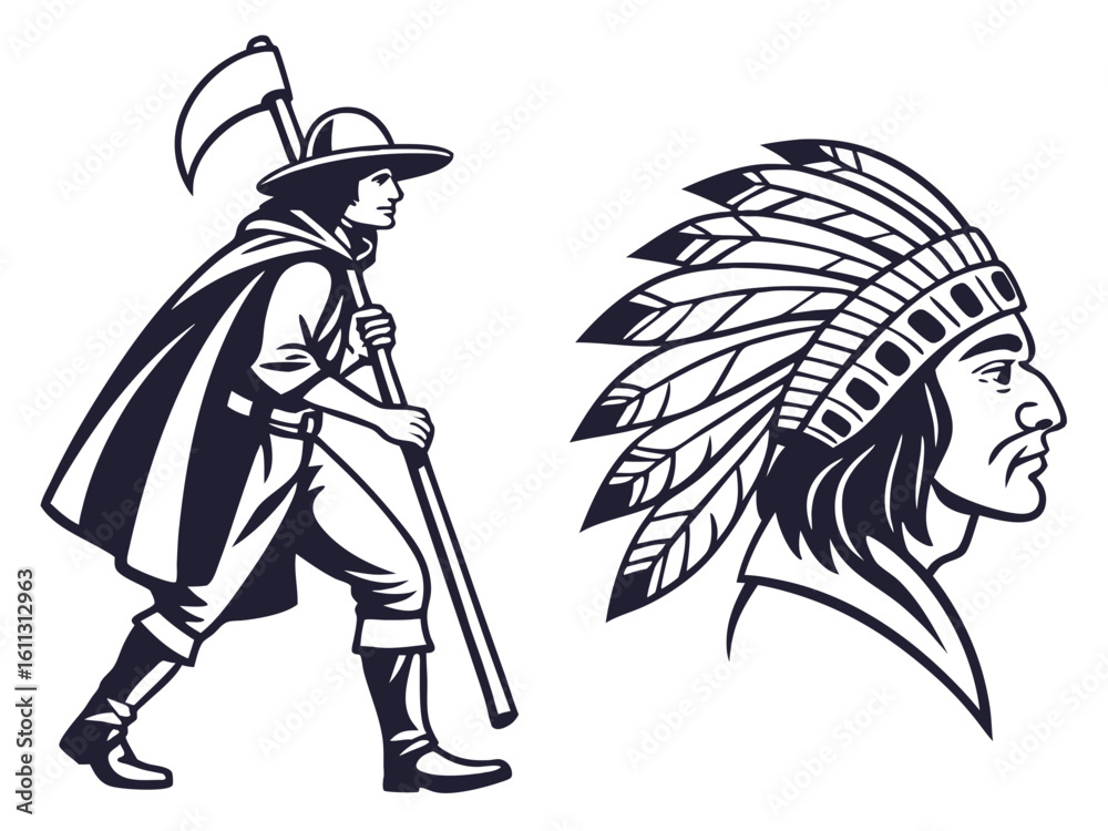 Fototapeta premium Native American Chief and Pilgrim with Scythe Silhouette Vector Graphic Illustration Isolated
