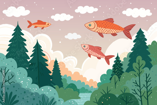 Remarkable Surreal Fish Swimming the Sky Above Polished Creative Content Warm Inviting Ambiance Ideal for Product Marketing Materials High-Impact Visual Communication Tool Creative Asset