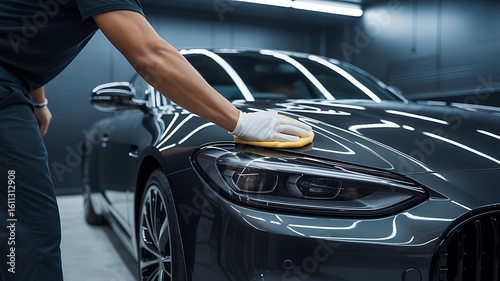 Close up low angle shot of a person polishing a dark grey luxury car hood with a yellow microfiber cloth