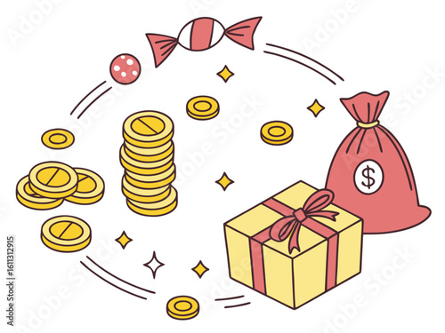 Cartoon Illustration of Money Gift and Candy A Celebration of Wealth and Sweetness
