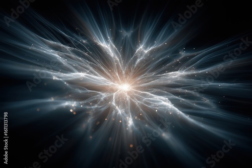 Radiant white lines burst outward from glowing center in symmetrical energy pulse