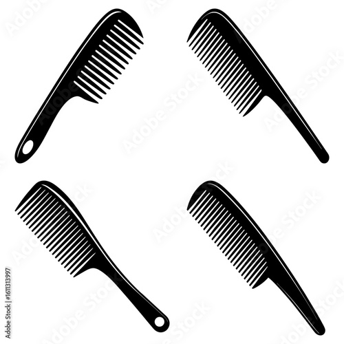 Four black combs arranged symmetrically on a white background in a simple and clean presentation style