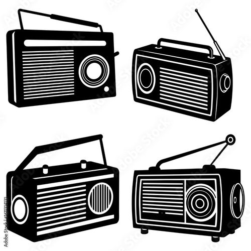 Four vintage radios in black and white with different designs and antenna configurations displayed nicely