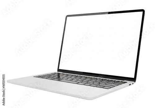 A sleek silver laptop with a black keyboard and a blank white screen, presented at a 3/4 view on a transparent background with ample copy space and no shadows, concept of professional technology