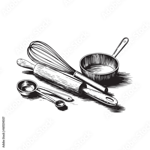 Vintage Kitchen Utensils Illustration – Whisk, Rolling Pin, Measuring Spoons, and Saucepan – Hand-Drawn Black and White Cooking Tools Sketch